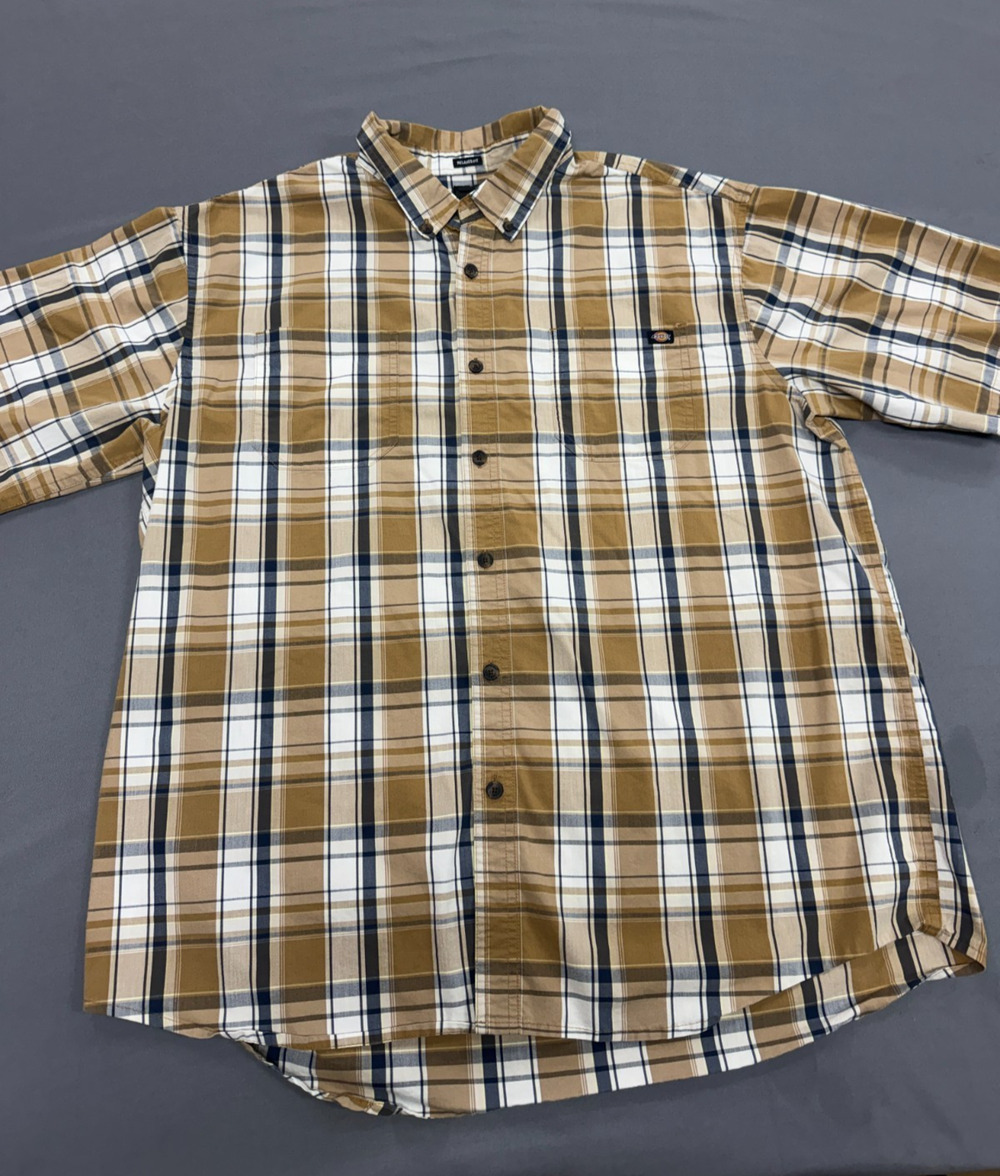 Dickies Men's XL Relaxed Fit Plaid Short Sleeve Button Up Shirt Tan WS5511WP